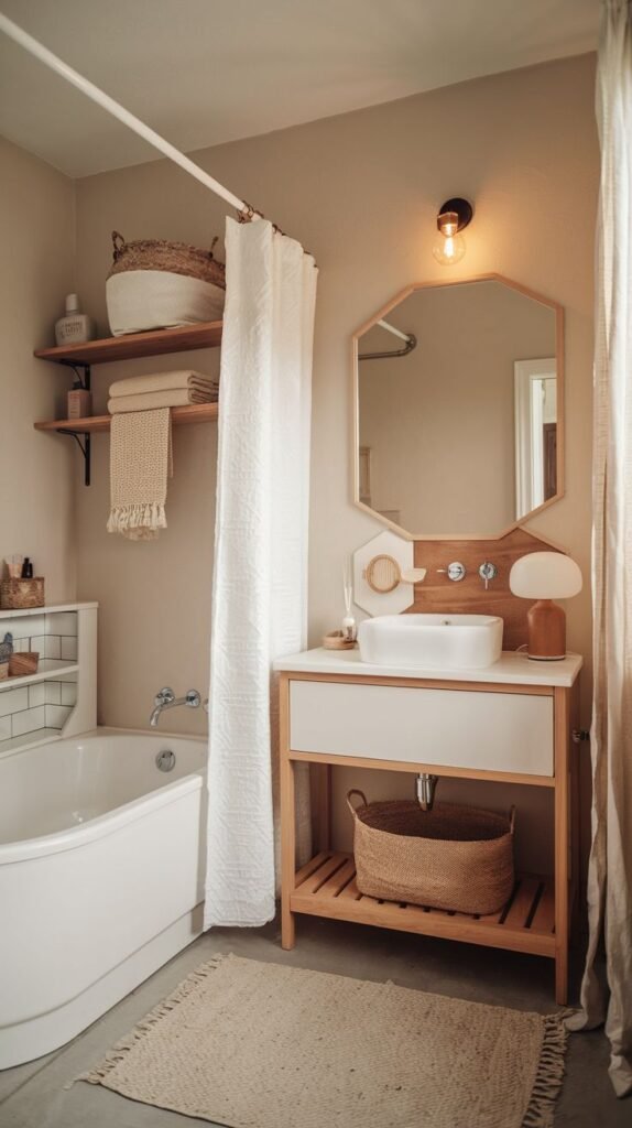 A warm beige bathroom featuring an open, light wood vanity with a white vessel sink and a slatted lower shelf. A large woven basket is stored on the lower shelf of the vanity. The mirror above the sink is octagonal with a wood frame. Floating wooden shelves stocked with folded towels are installed near the tub.