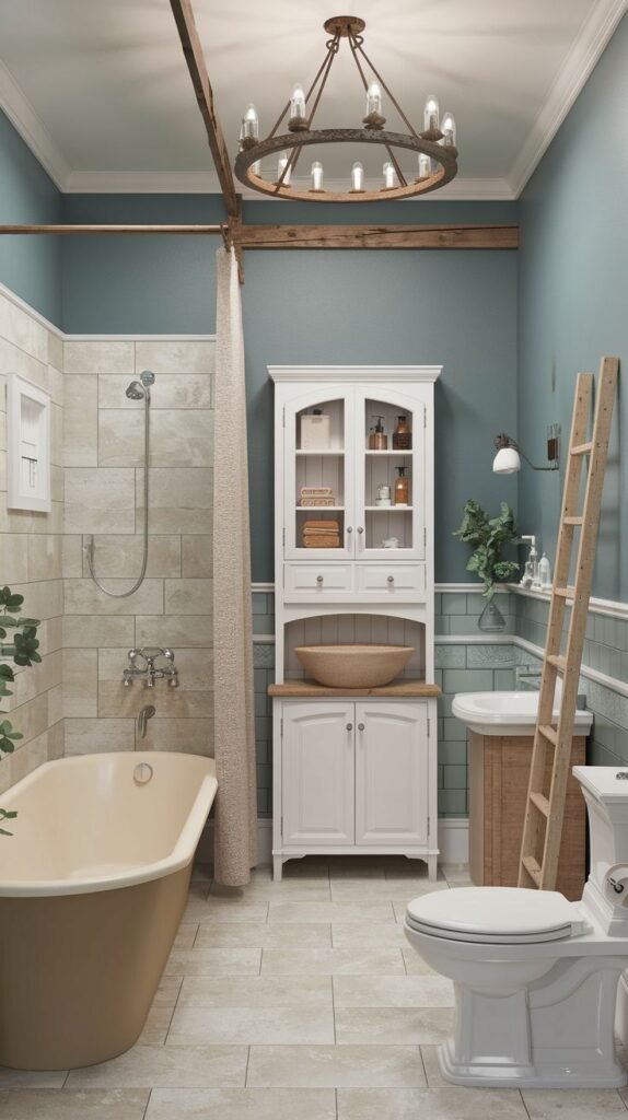 A bathroom with dusty teal/blue upper walls and light neutral tiling on the lower walls and tub surround. A large, antique white cabinet with glass doors, drawers, and a wooden countertop holds a vessel sink. A rustic, iron wagon-wheel chandelier hangs from the ceiling. A wooden ladder leans against the wall for towel storage next to the toilet.