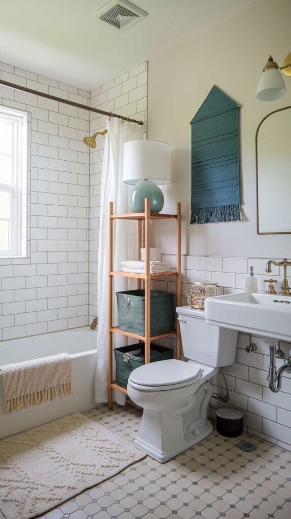 A bright bathroom with white subway tile surrounding the tub and wainscoting the walls. A tall, light wood shelving unit sits next to the white toilet, holding teal woven bins. A turquoise or teal fringed wall hanging is displayed above the toilet. The floor uses a geometric, repeating neutral tile pattern.