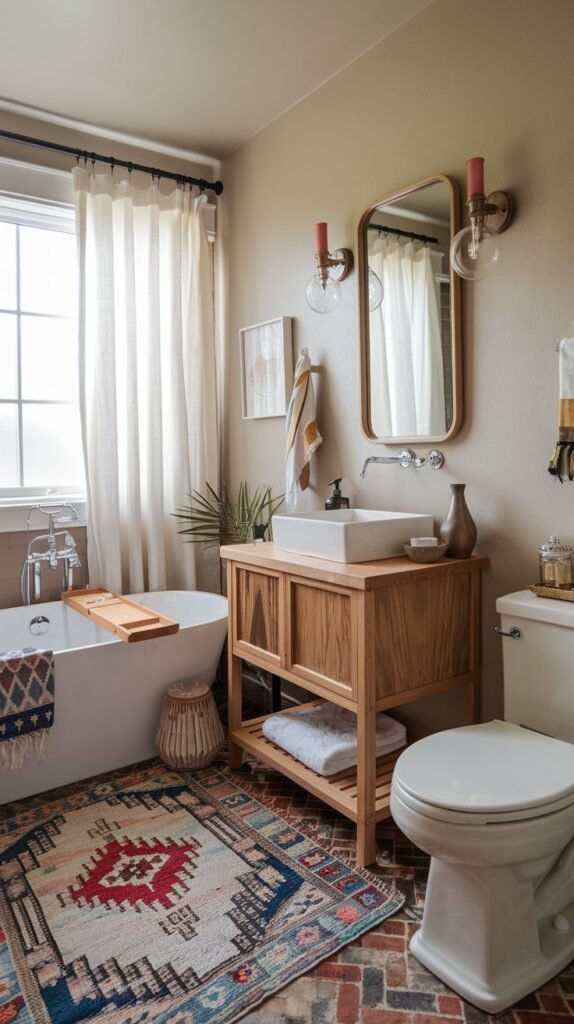 A warm, beige-walled bathroom featuring a small, vibrant Southwestern-style area rug in deep reds, blues, and creams. The rug sits in front of a natural wood vanity with slatted doors and open storage below. The floor is composed of red and dark brick-style tiles. A rectangular wood-framed mirror is flanked by rosy-toned sconces above the vanity.