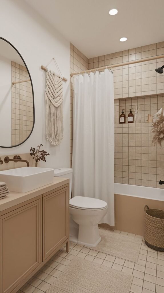 A monochromatic bathroom designed in creamy beige and light tan tones. The tub/shower area is surrounded by large square tan tiles and features a niche. Above the toilet, a large macrame wall hanging is suspended next to a black oval mirror. The vanity is a light tan cabinet with a white vessel sink.