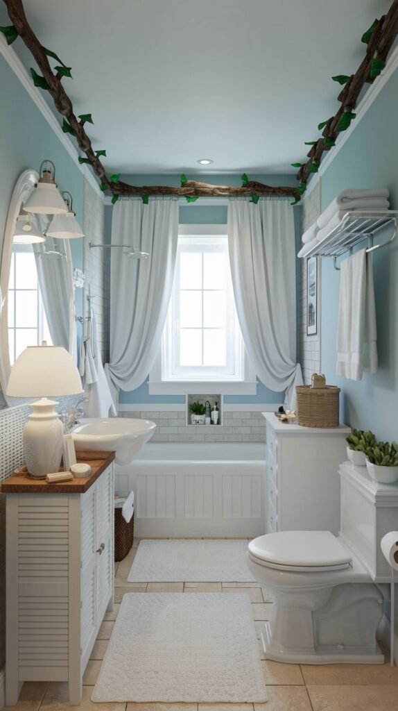 Coastal Small Full Bathroom with light blue walls, white cabinetry, a white tub, and whimsical decorative natural wood branches running along the ceiling corners.