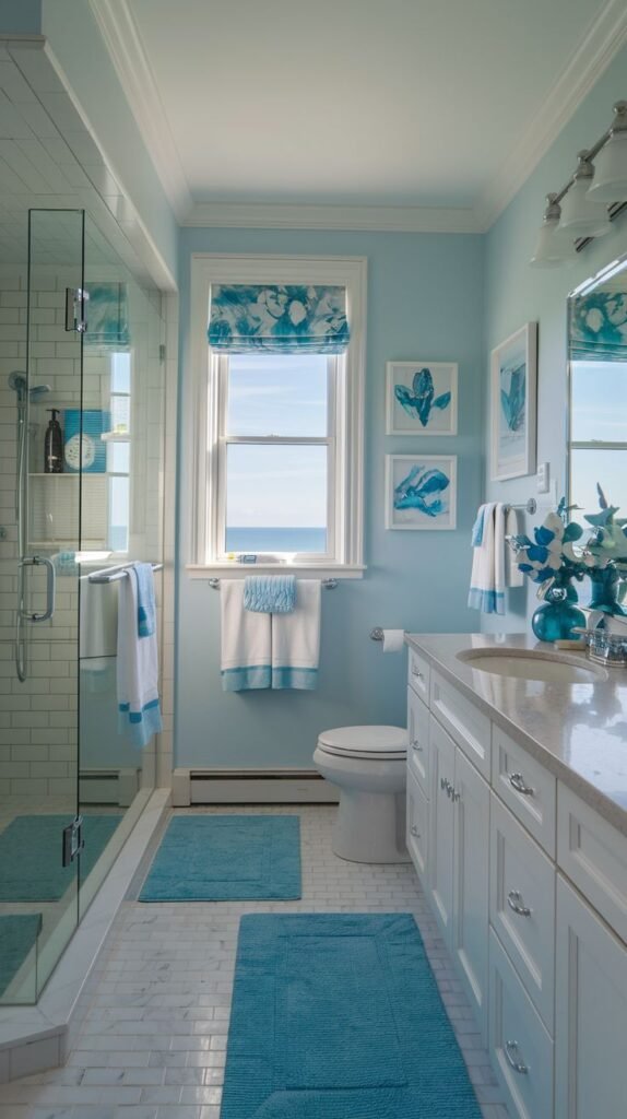 Coastal Small Full Bathroom with a long, narrow layout, featuring a white double vanity, light blue walls, a glass walk-in shower, and bright aqua bath rugs on the floor.