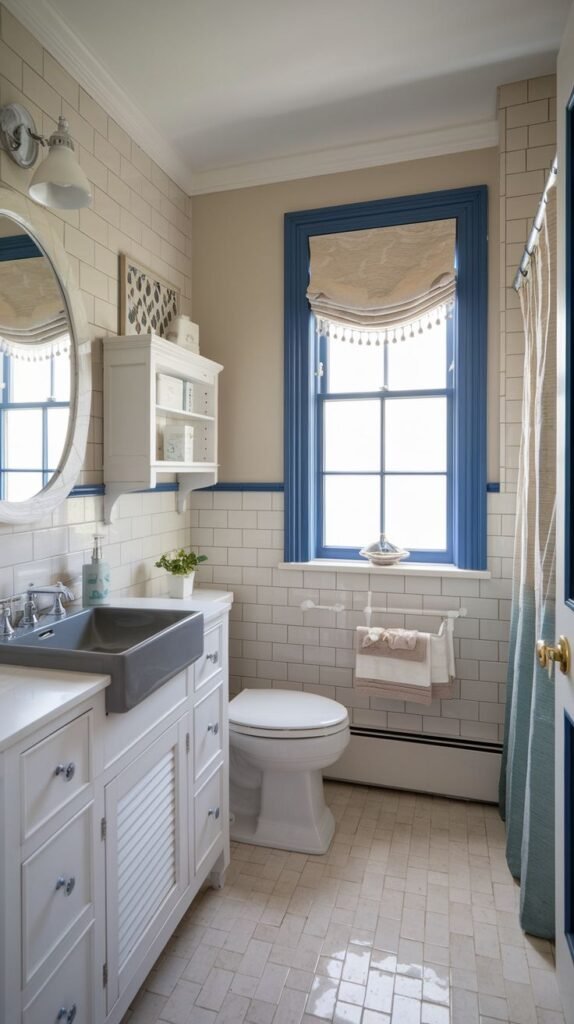 Coastal Small Full Bathroom featuring white subway tile wainscoting, light beige walls, a white vanity with slatted doors, and striking blue trim around the window, which includes a deep gray basin sink.