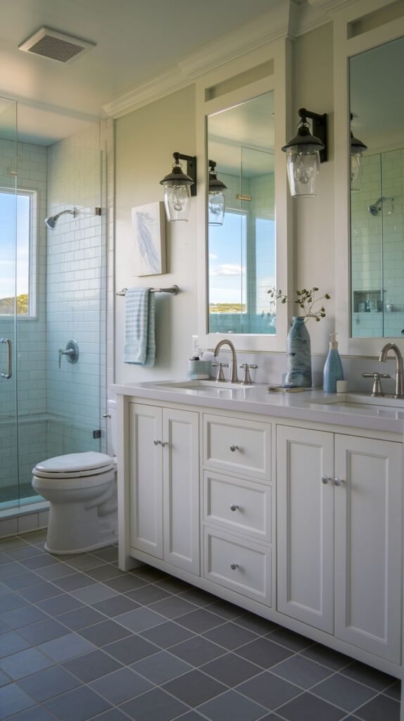 Coastal Small Full Bathroom featuring a dual white vanity setup, clear glass shower enclosure tiled in light blue-green subway tile, and large square dark gray floor tiles.