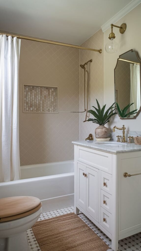 Coastal Small Full Bathroom in warm neutral tones, featuring walls with a subtle diamond pattern in beige tile, a white vanity, brass fixtures, and a recessed shower niche with mosaic tile.