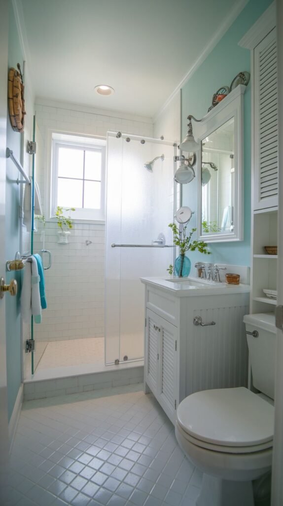 Coastal Small Full Bathroom maximizing a tight space, featuring pale aqua walls, a small white beadboard vanity, a small walk-in shower, and a decorative ship's wheel.