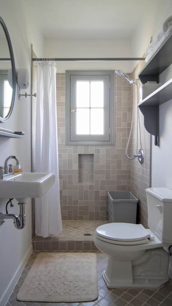 Coastal Small Full Bathroom in a minimalist gray and taupe palette, featuring vertically stacked rectangular shower tiles, a wall-mounted sink, and gray floating shelves.