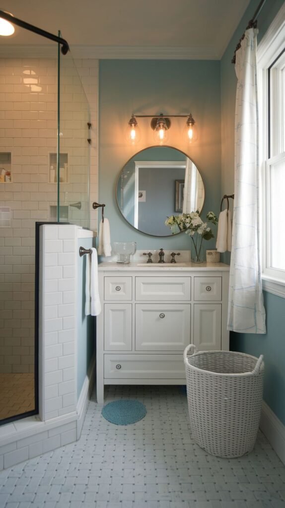 Coastal Small Full Bathroom showcasing aqua walls, a white vanity with a circular mirror, a glass-enclosed walk-in corner shower with white subway tile, and white mosaic floor tiles.