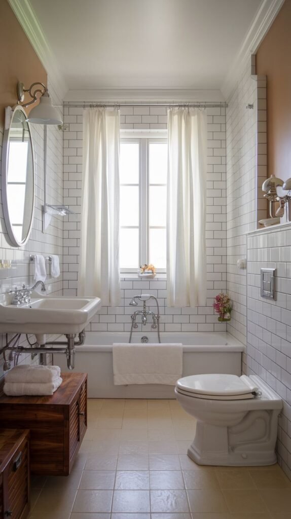 Coastal Small Full Bathroom featuring extensive white subway tiling, a freestanding tub, pedestal sinks, and dark wood storage chests used as accents.
