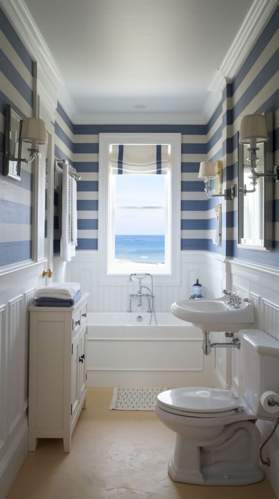 Coastal Small Full Bathroom with white vertical wainscoting below walls featuring wide horizontal blue and white stripes, centered around a tub beneath a window overlooking the sea.