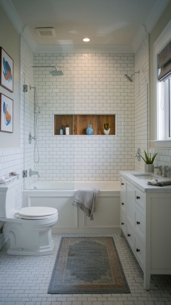 Coastal Small Full Bathroom dominated by white subway tile, featuring a deep wood-lined niche within the shower area, and a white vanity beside the toilet.