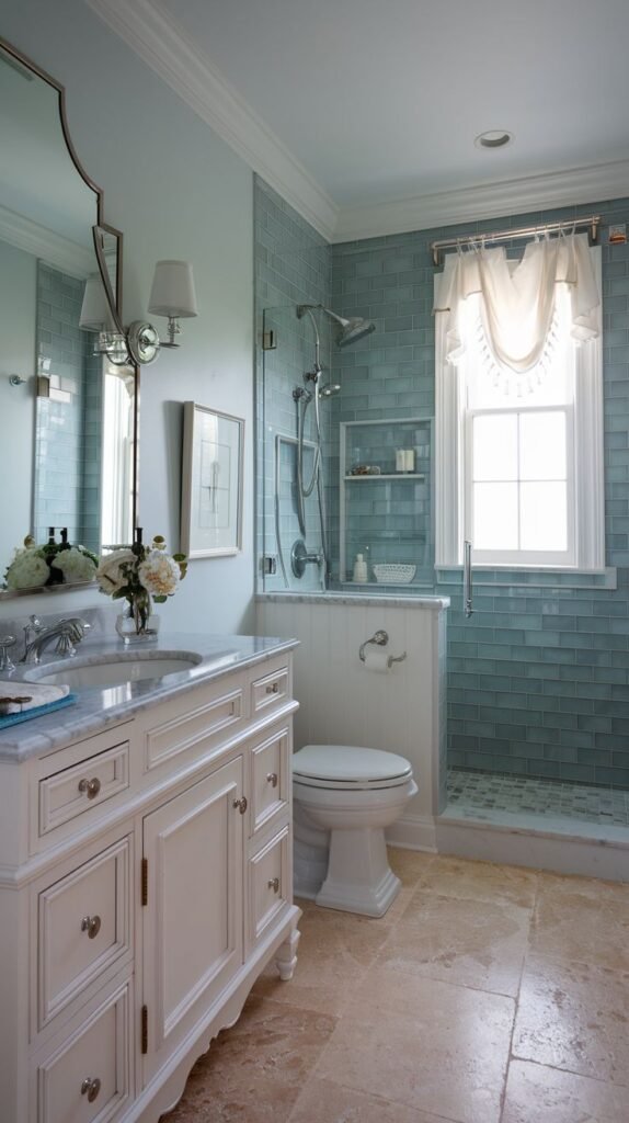 Coastal Small Full Bathroom featuring a large white vanity, a walk-in shower tiled in pale blue-green glass subway tiles, a half-wall, and light brown, large, irregular stone floor tiles.