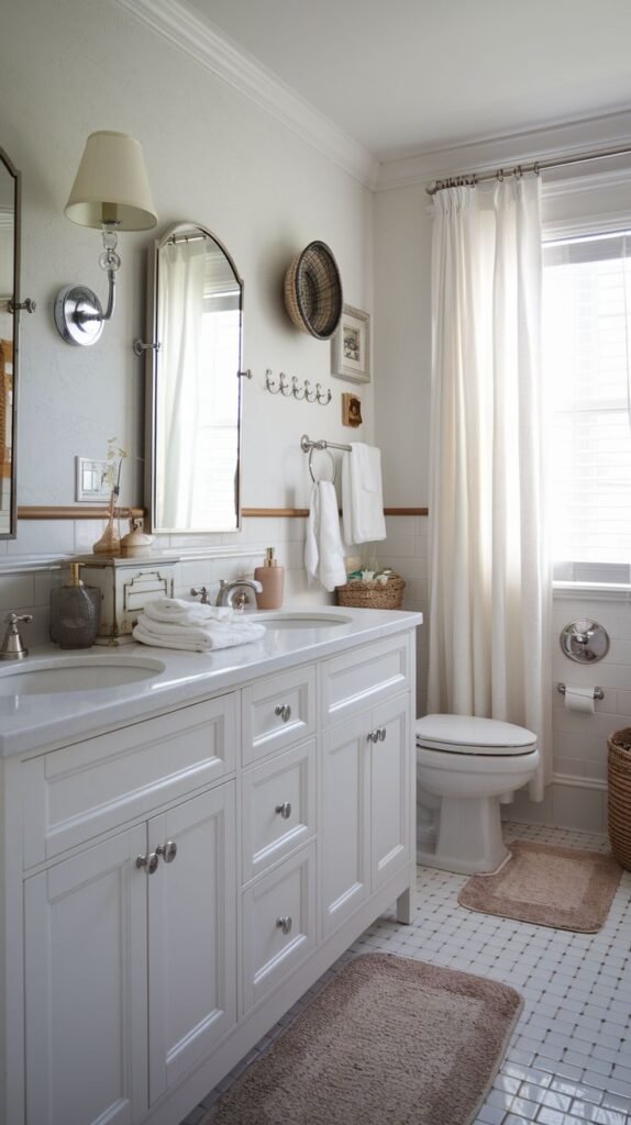 Coastal Small Full Bathroom featuring a white dual vanity, white walls with beadboard detail, white mosaic floor tile, and woven natural fiber wall decor.