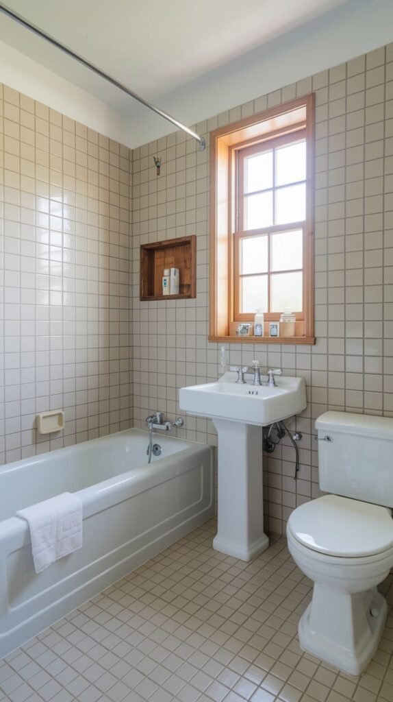 Coastal Small Full Bathroom featuring neutral square wall tiles, a traditional white pedestal sink, a white tub, and a window framed in natural wood.