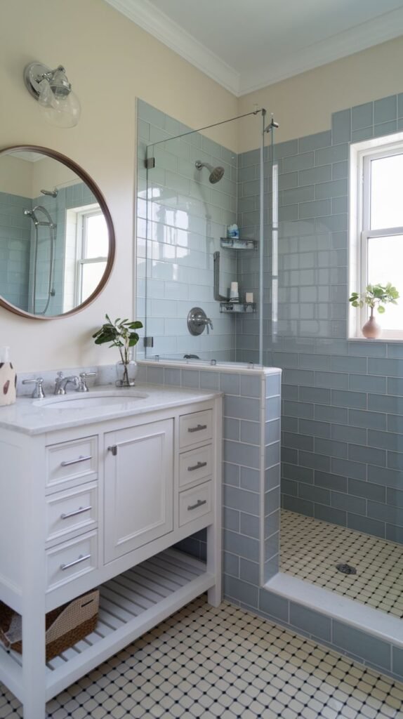 Coastal Small Full Bathroom featuring a modern walk-in shower with pale blue square subway tile and a half-wall divider, alongside a white vanity and a bold, patterned mosaic floor.