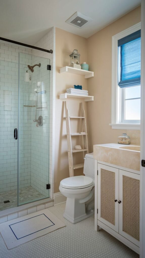 Coastal Small Full Bathroom in warm beige tones, featuring a walk-in shower with white subway tile, a white vanity with woven rattan cabinet doors, and a decorative towel ladder.