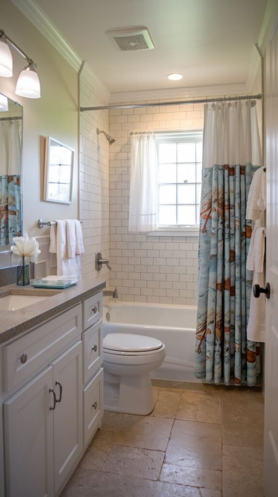 Coastal Small Full Bathroom featuring a tub/shower area with white subway tile, a light beige tiled floor, white vanity with a gray countertop, and a shower curtain displaying a blue and orange nautical print.