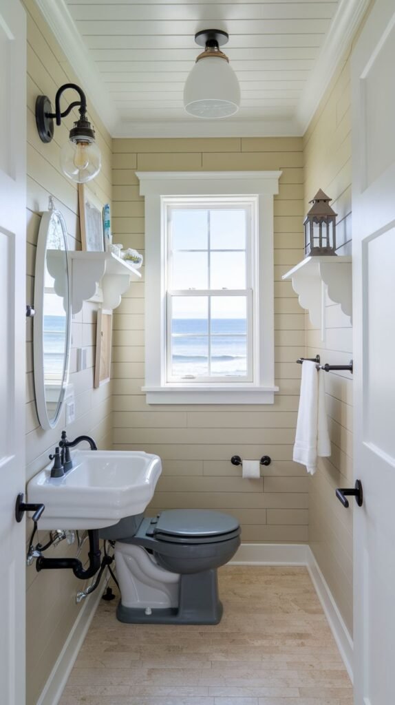 Coastal Small Full Bathroom powder room design featuring horizontal beige shiplap walls, a white pedestal sink, and a window with a clear view of the ocean.