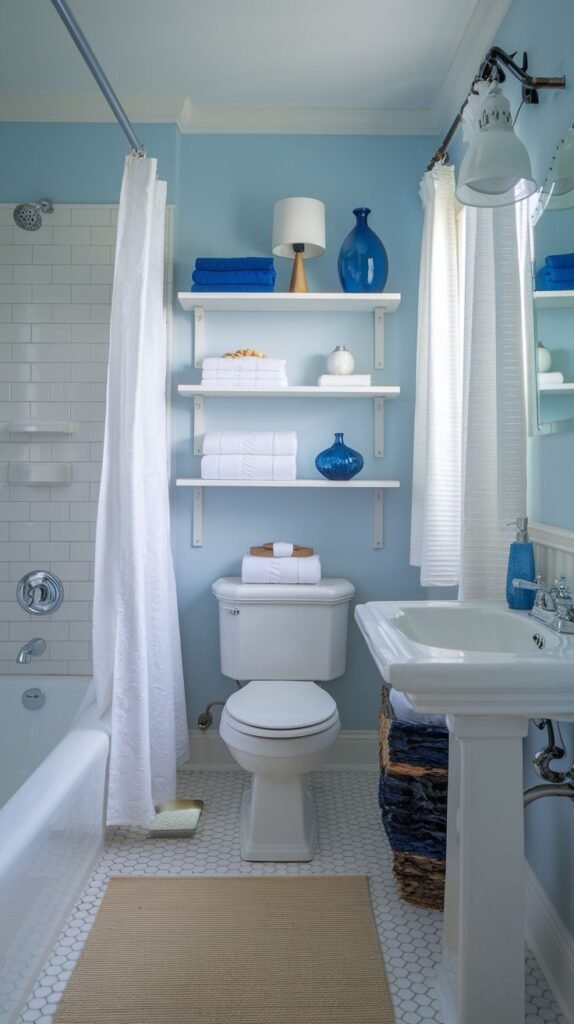 Coastal Small Full Bathroom designed with light blue walls, a white pedestal sink, white hexagonal floor tile, and white floating shelves accessorized with bright royal blue coastal vases.