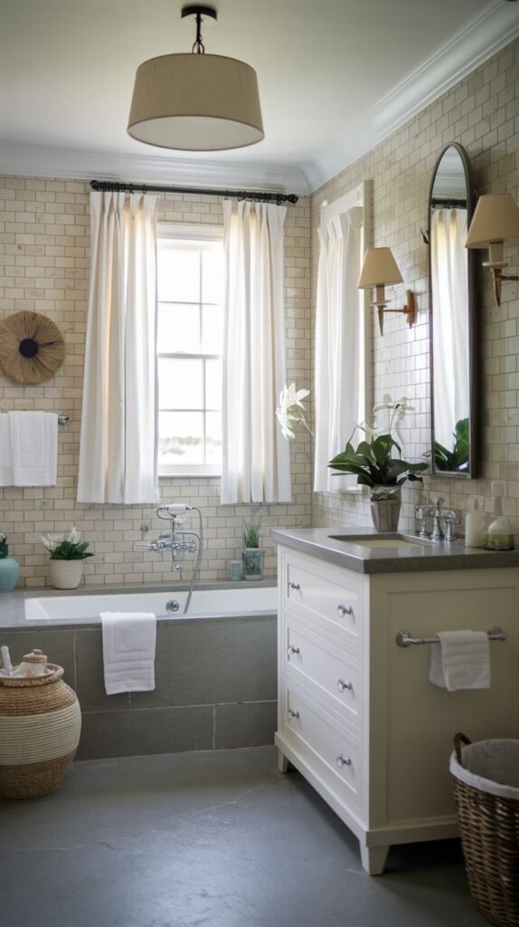 Coastal Small Full Bathroom featuring walls tiled in warm neutral subway tile, a cream-colored vanity resembling a chest of drawers, and a built-in tub framed by dark gray stone.