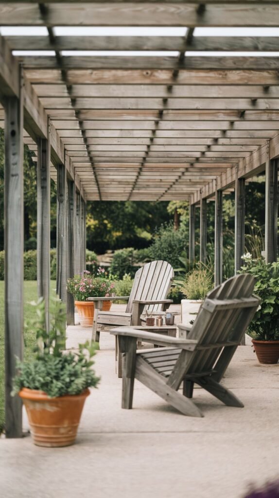 Long, narrow wooden pergola walkway covering a concrete patio, furnished with two gray wooden Adirondack chairs and flanked by terracotta planters.
