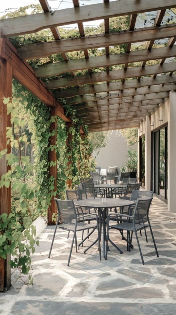 Long, attached wooden pergola with vertical vine growth covering posts, shading multiple gray mesh bistro dining sets on an irregularly laid stone flagstone patio.