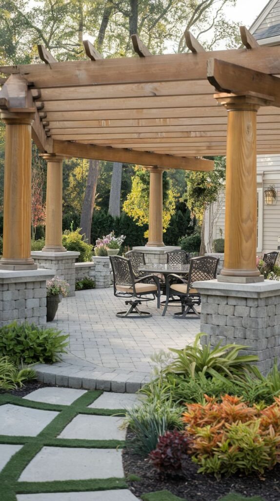 Expansive outdoor patio beneath a large wooden pergola with smooth round wooden columns and stacked stone bases, featuring a paver floor and a central metal dining set, surrounded by detailed landscaping.