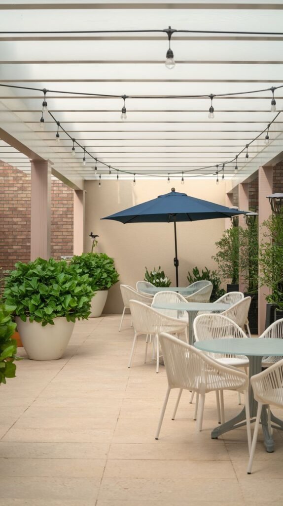 Contemporary covered patio with solid white roofing and suspended string lights, featuring multiple white café tables and chairs, large white planters with green plants, and a central navy blue umbrella.