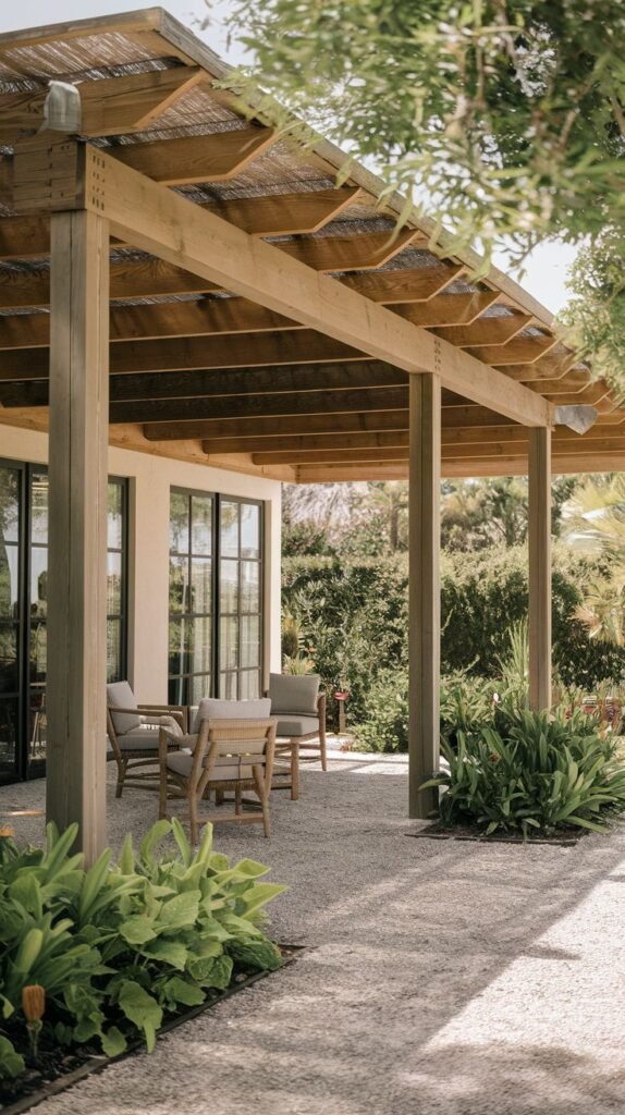 Tropical-style attached pergola with a sloping roof covered in natural woven matting, sheltering a small seating arrangement on a patio made of light crushed gravel, adjacent to a wall with glass doors.