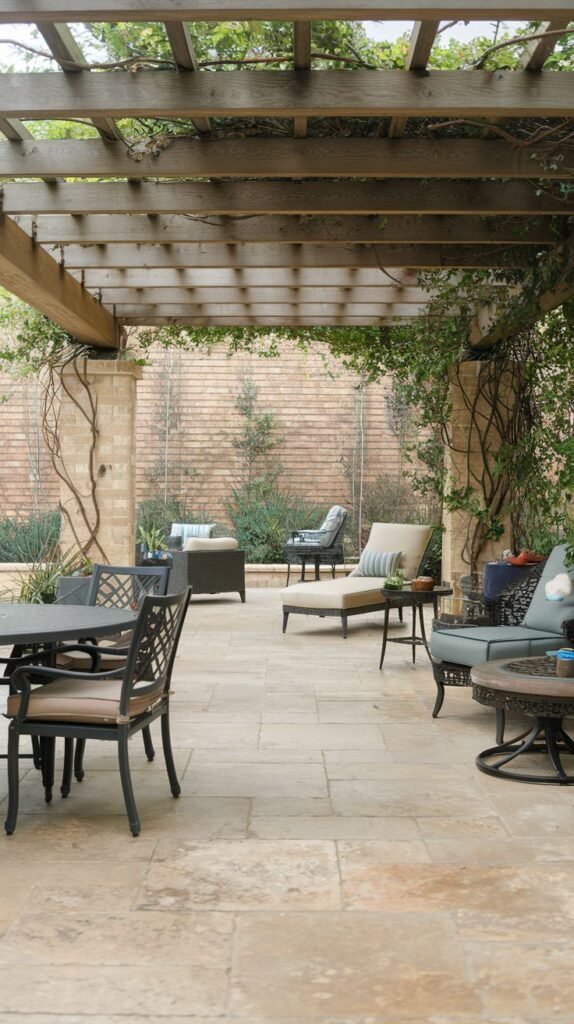 Large outdoor living space under a vine-covered wooden pergola supported by masonry pillars, featuring a light tan flagstone floor, furnished with both a dining set and upholstered lounge chairs against a brick wall.