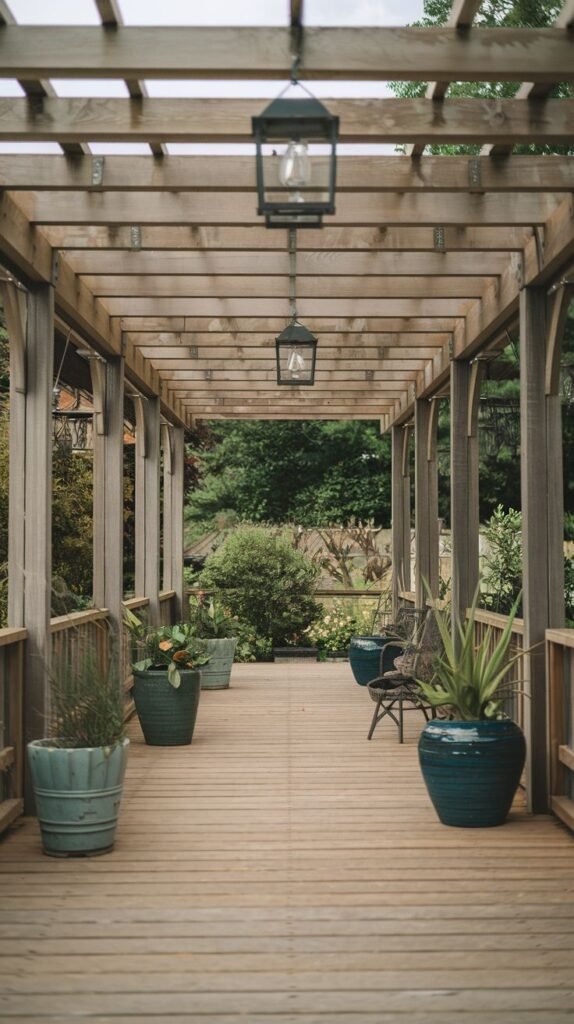 Covered wooden deck walkway or corridor pergola featuring hanging dark metal nautical lanterns and lined with large, vibrant teal ceramic planters.