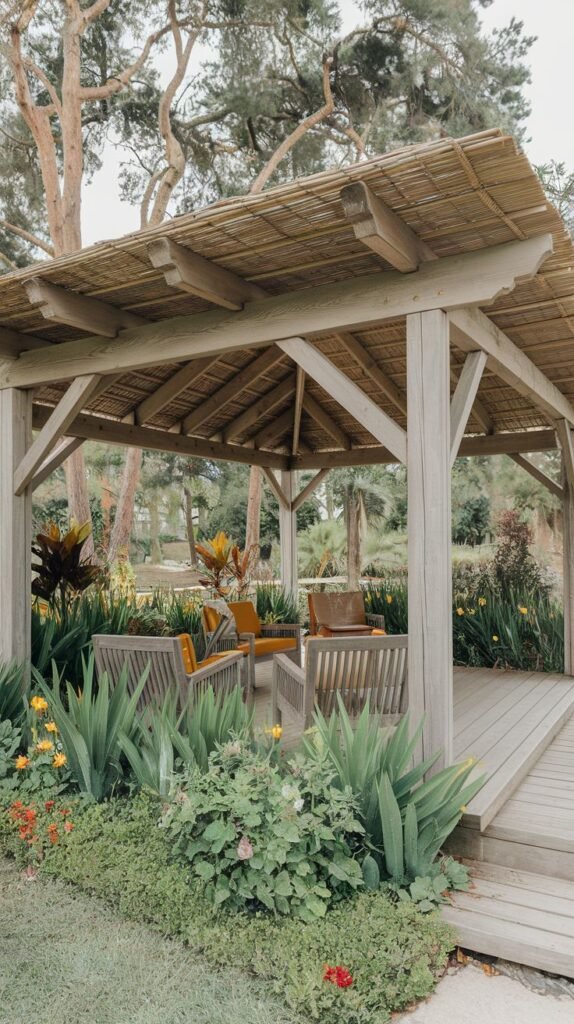 Freestanding wooden gazebo with a pitched roof covered in woven natural material, built on a raised deck floor, surrounded by lush ornamental plants.