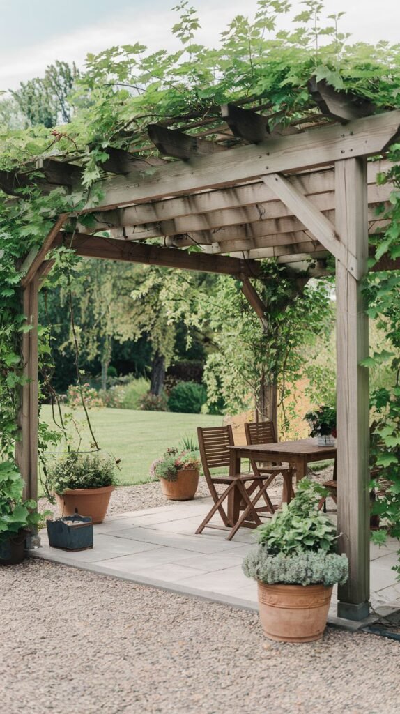 Light wood pergola heavily covered in green vines, sheltering a slatted wooden dining set on a square paver patio surrounded by crushed gravel.