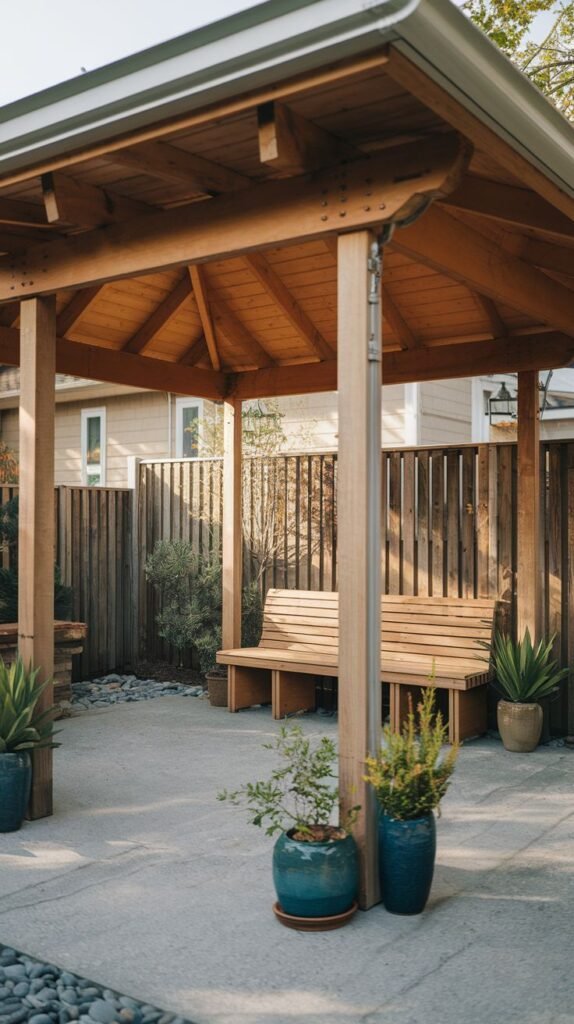 Modern wooden gazebo with a solid pitched roof and visible plank ceiling, featuring a built-in slatted wooden bench on a concrete patio, with tall blue planters providing accents.