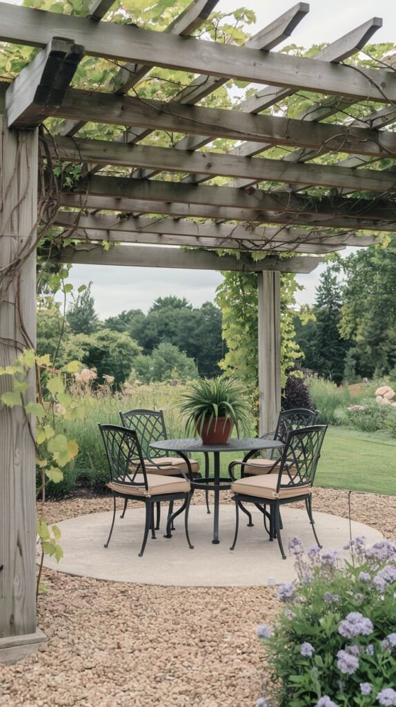 Wooden pergola with vining foliage over a circular concrete patio island, which is surrounded by gravel and features a four-chair metal dining set within a garden landscape.