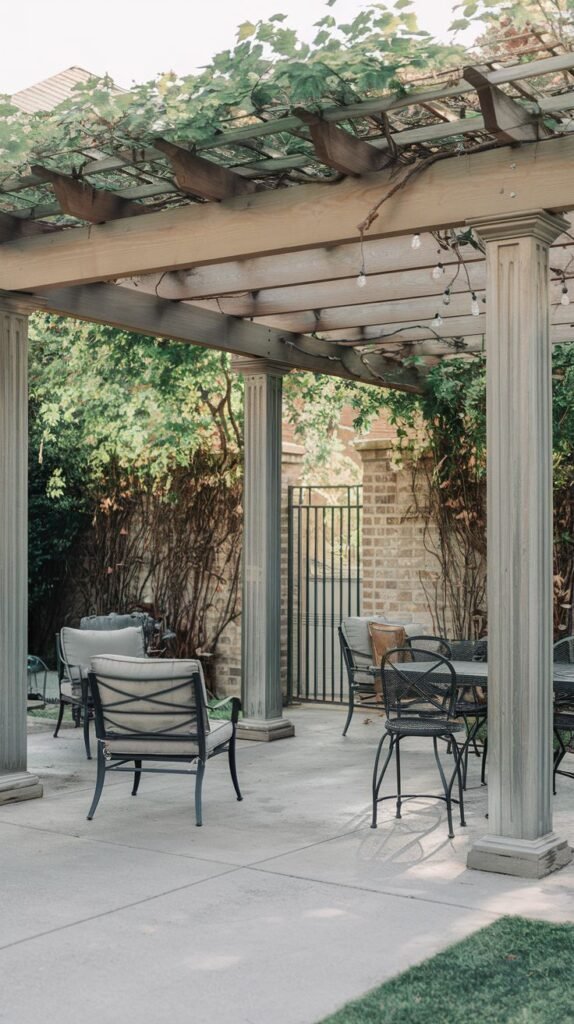 Concrete patio shaded by a wooden pergola supported by classical fluted columns, featuring string lighting overhead and furnished with metal seating, leading towards a black wrought iron gate in a brick wall.
