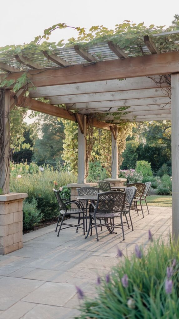Traditional wooden pergola covering an outdoor dining area on an earth-toned paver patio, supported by stacked stone bases, and surrounded by colorful, lush flower gardens.