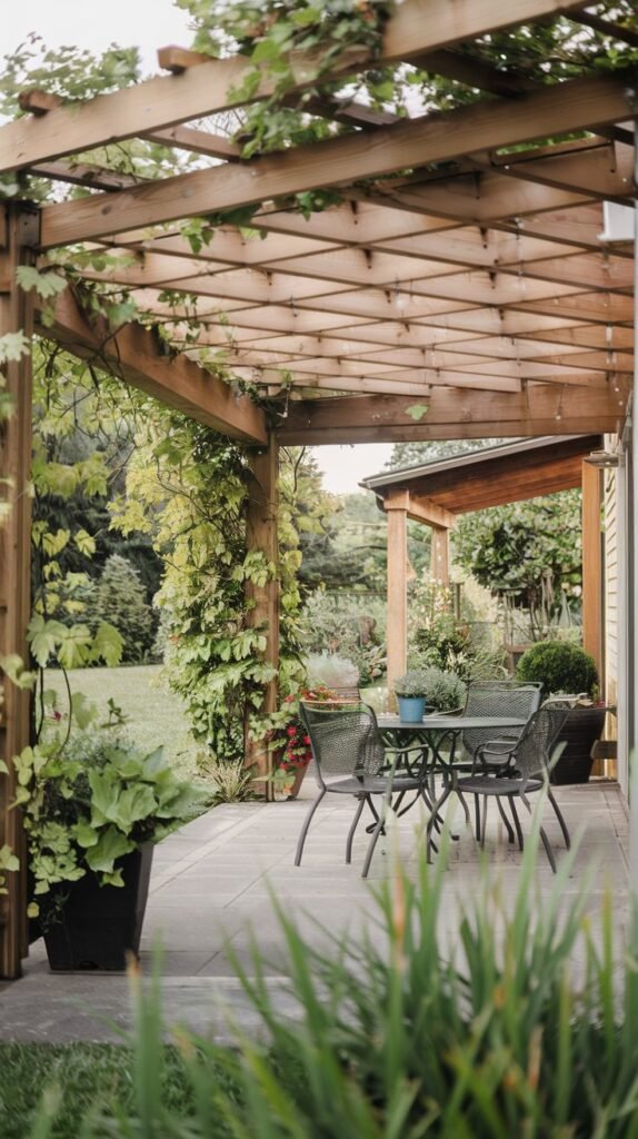 Attached wooden pergola featuring a dense network of overhead rafters and moderate vine growth, shading a dark gray paver patio with a mesh metal dining set.