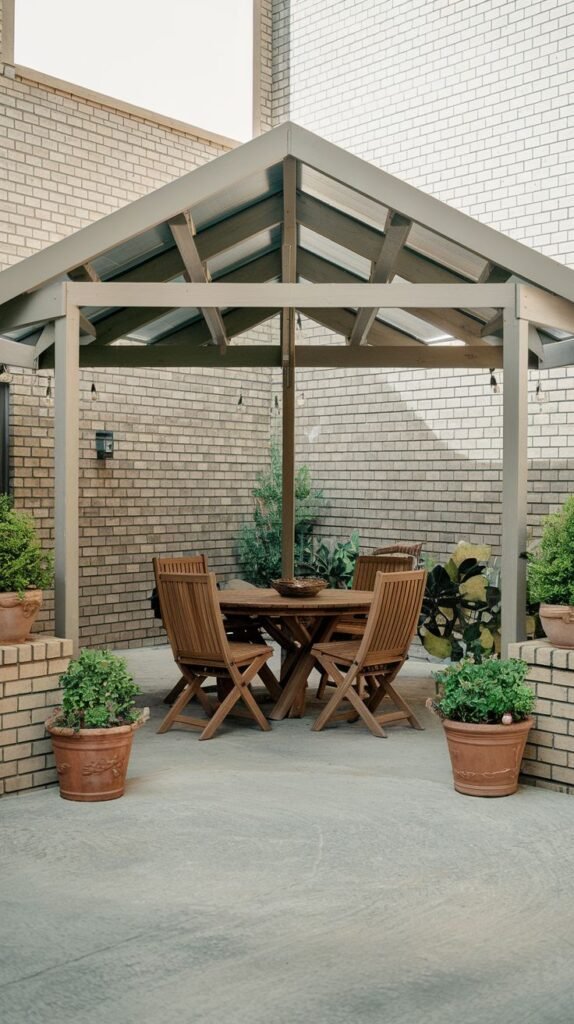 Modern, freestanding gazebo structure with a solid pitched gray roof, sheltering a wooden dining set on a concrete patio, set against a backdrop of light brick walls.