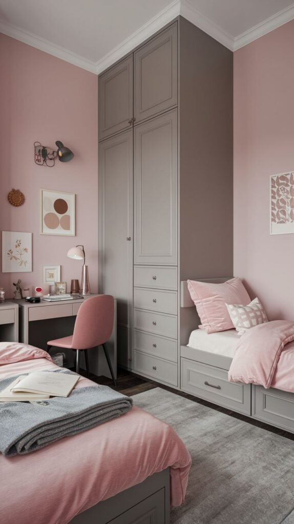 Cozy Small Bedroom in a pink and gray color palette, For 2 Sisters, showing two beds, one partially obscured by a tall gray wardrobe unit, with a desk area and pink chair visible on the left.