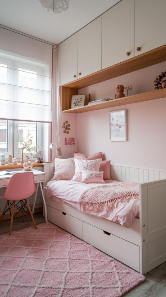 Cozy Small Bedroom, maximizing space with a single bed featuring under-bed storage, built-in overhead cabinetry, and a dedicated pink desk area by the window.