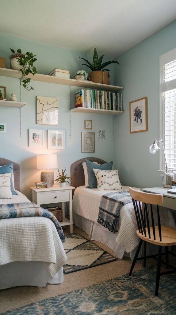Cozy Small Bedroom, For 2 Sisters, decorated in light blue and white tones, featuring two twin beds separated by a nightstand, and extensive open shelving displaying plants and framed art.