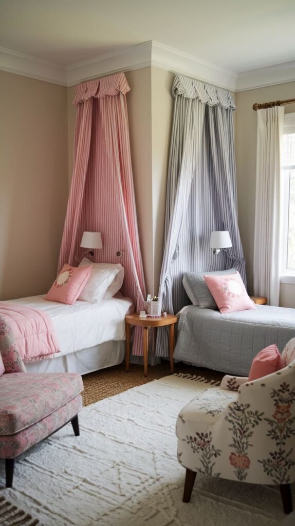 Cozy Small Bedroom, For 2 Sisters, showcasing two beds arranged in a corner, each featuring a decorative striped canopy (pink and gray), separated by a small round wooden table.