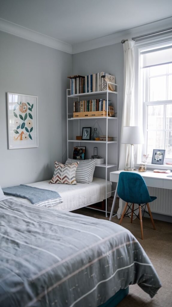 Cozy Small Bedroom interior featuring two beds (one in foreground, one against the wall), a tall white open bookshelf, and a white desk area near a large window.
