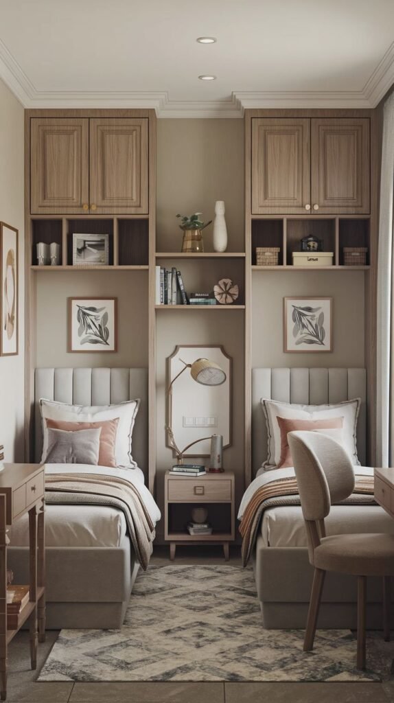 Cozy Small Bedroom, For 2 Sisters, featuring matching twin beds with padded headboards, separated by a central built-in storage unit with a mirror, and individual desks for studying.