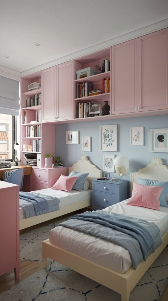 Cozy Small Bedroom, For 2 Sisters, with two twin beds, featuring a bold design with light blue walls and extensive light pink built-in storage cabinets and shelving across the upper wall.