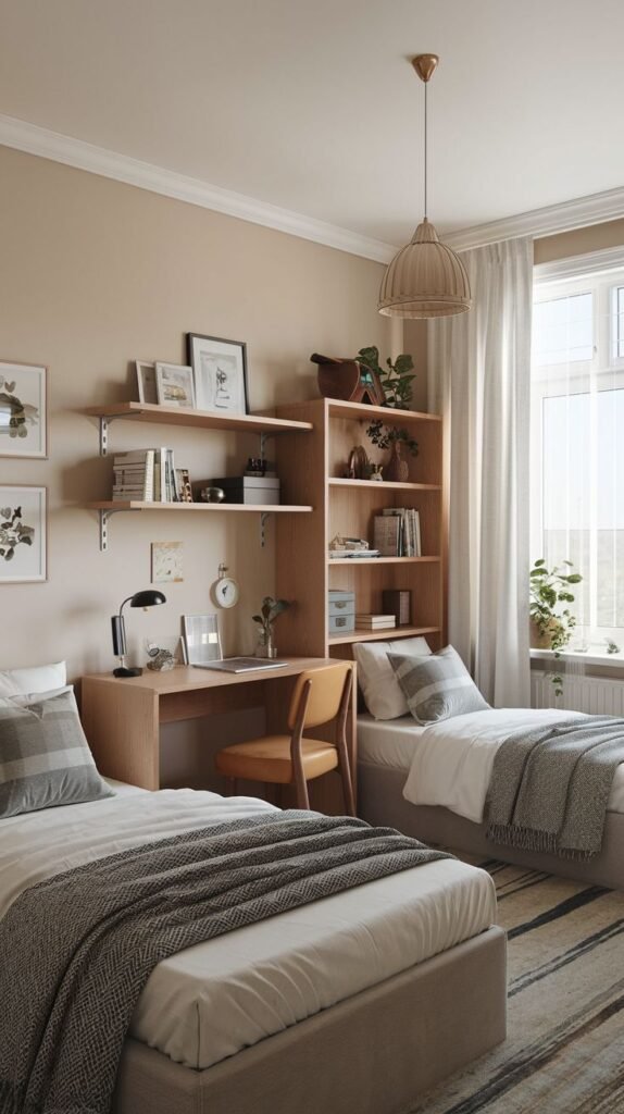 Cozy Small Bedroom, For 2 Sisters, in warm neutral tones, featuring two twin beds, a shared central wooden desk and shelving unit, and a window providing natural light.