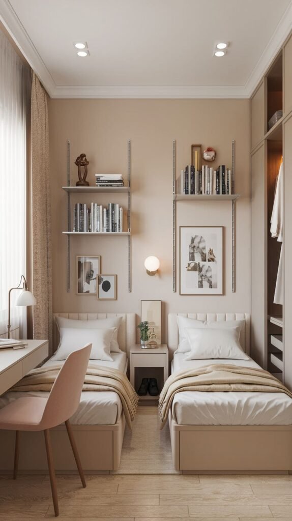 Cozy Small Bedroom, For 2 Sisters, featuring a streamlined design with two neutral twin beds, floating shelves above each bed, a desk area on the left, and a built-in closet on the right.