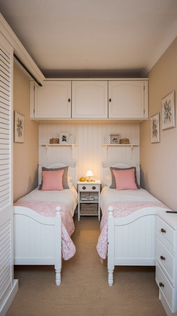 Cozy Small Bedroom, For 2 Sisters, maximizing space with two white twin beds, overhead white storage cabinets, and a central nightstand, all within a narrow, comfortable space.